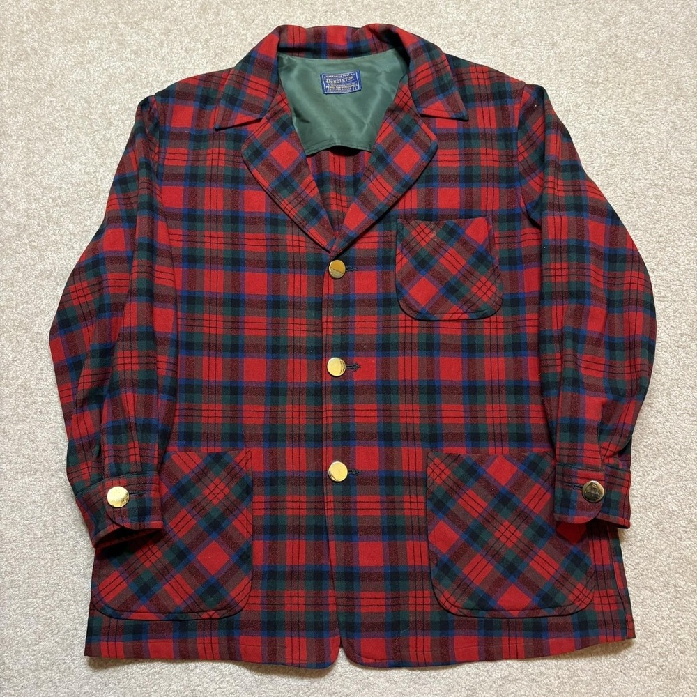 Vtg Pendleton Blazer Jacket Mens Large Red Plaid Wool Hunting Sport Coat 50s 60s